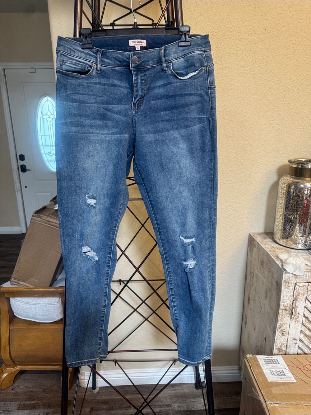Juicy Couture Blue Distressed Ankle Crop Jeans in Medium Blue Wash